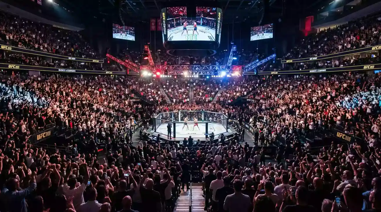 Evento de UFC en arena con octogono iluminado y aficionados