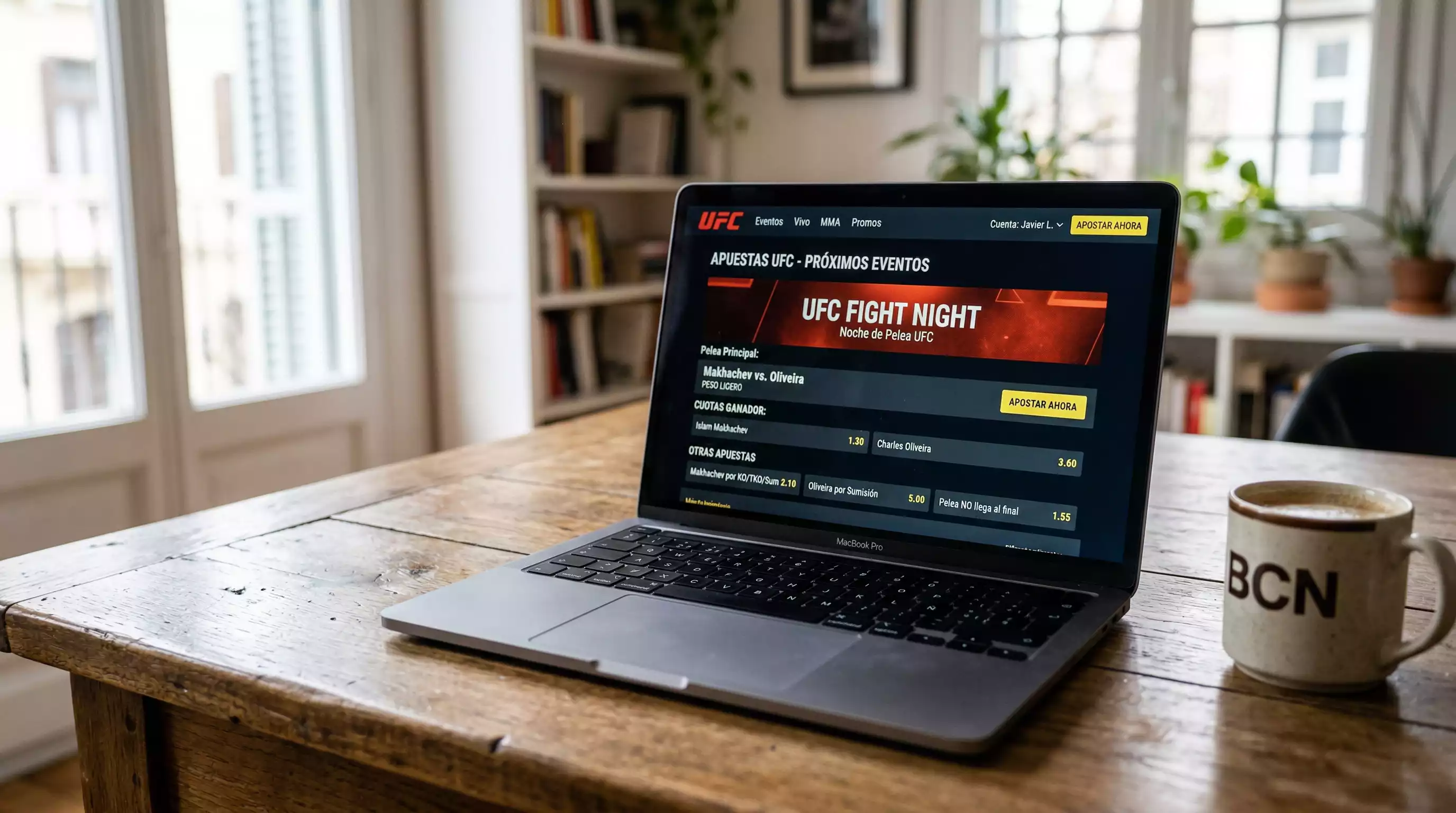 Pantalla mostrando mercados de apuestas MMA con cuotas y opciones